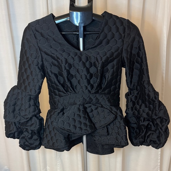 Johanna Ortiz Tops - Johanna Ortiz Maia Elegant Chic Black Jacquard Peplum Puff Sleeve Top Size XS